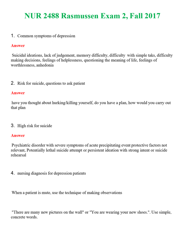 NUR 2488 RASMUSSEN EXAM 2, FALL 2017 | QUESTIONS AND ANSWERS INCLUDED