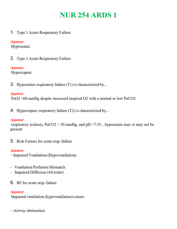 NUR 254 ARDS 1 | COMPLETE QUESTIONS & ANSWERS (SOLVED) 100% CORRECT