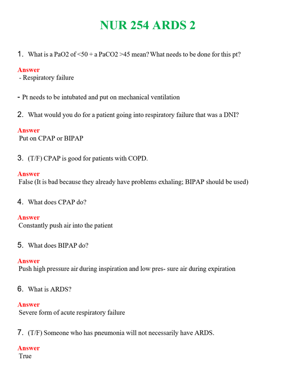 NUR 254 ARDS 2 | COMPLETE ANSWERS 100% CORRECT