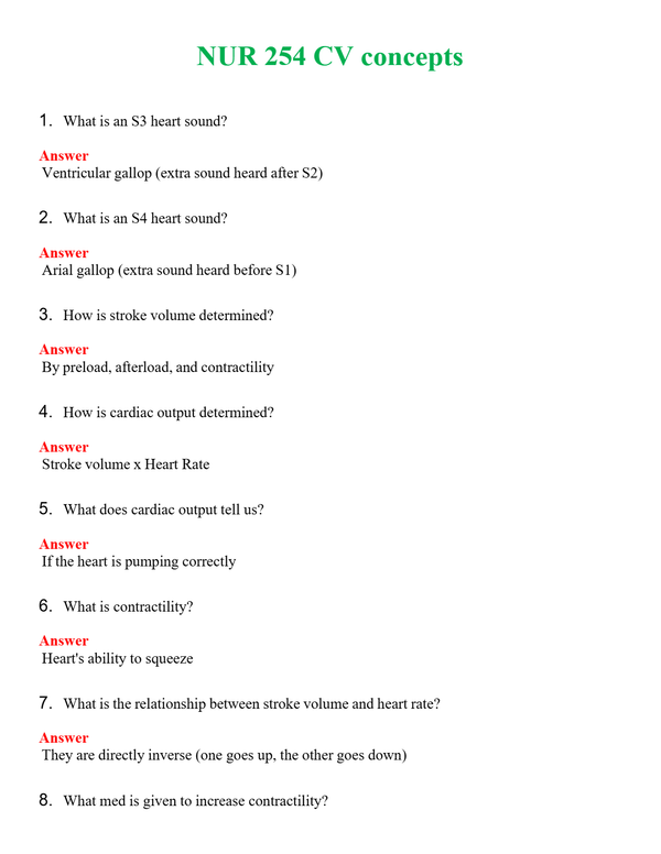 NUR 254 CV CONCEPTS | COMPLETE ANSWERS 100% CORRECT