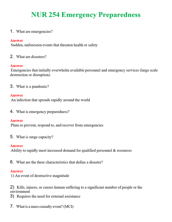 NUR 254 EMERGENCY PREPAREDNESS | NEW FULL QUESTIONS AND ANSWERS 100% CORRECT