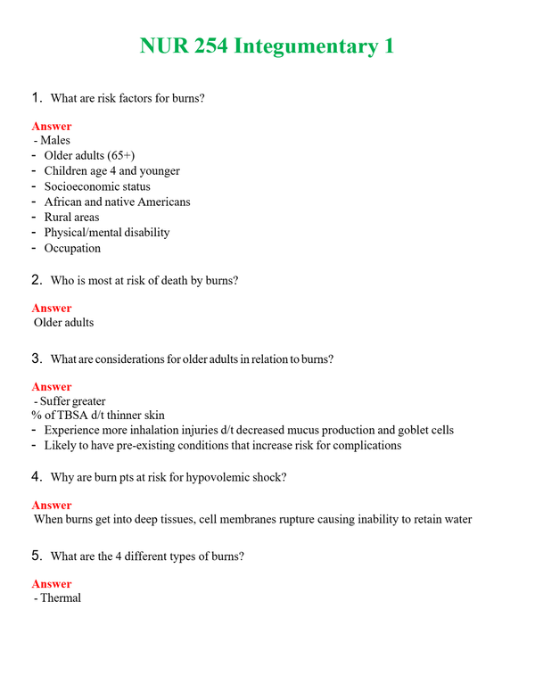 NUR 254 INTEGUMENTARY 1 | A+ RATED GUIDE | QUESTIONS AND ANSWERS (SOLVED)