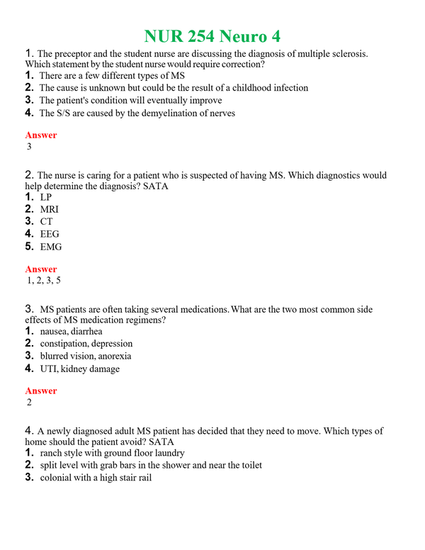 NUR 254 NEURO 4 | GRADED A+ QUESTIONS AND ANSWERS (SOLVED)