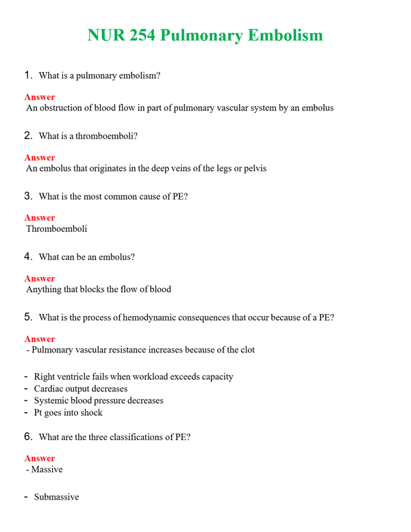 NUR 254 PULMONARY EMBOLISM | A SOLVED 100% CORRECT