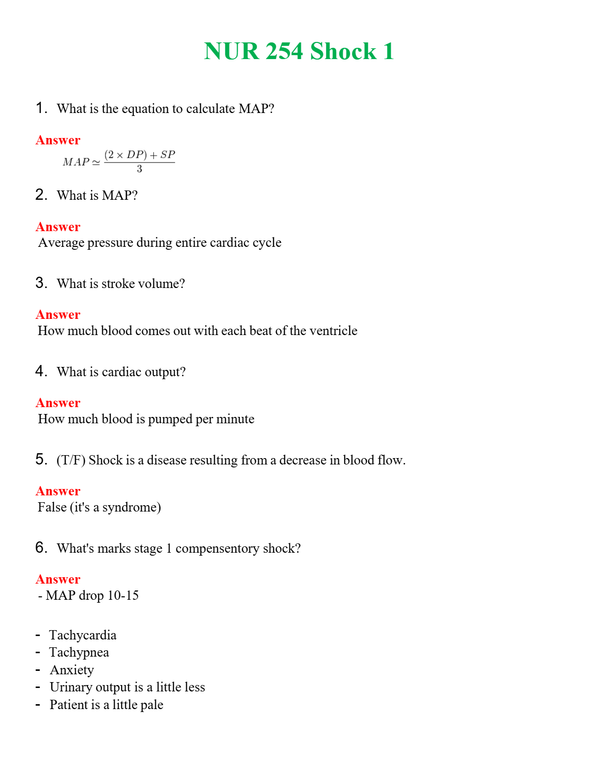 NUR 254 SHOCK 1 | A+ RATED GUIDE | QUESTIONS AND ANSWERS (SOLVED)