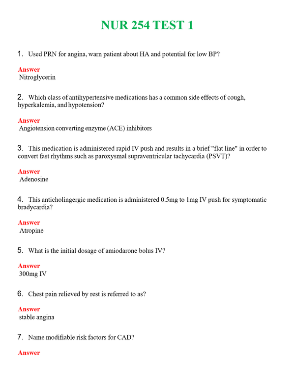 NUR 254 TEST 1 | LATEST QUESTIONS WITH COMPLETE GRADE A++ ANSWERS