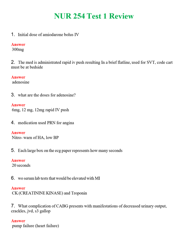 NUR 254 TEST 1 REVIEW | (ACTUAL EXAM ) QUESTIONS AND ANSWERS (SOLVED)