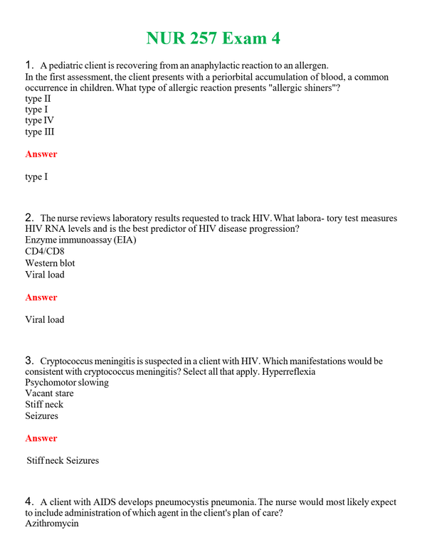 NUR 257 EXAM 4 | QUESTIONS & ANSWERS (SOLVED)