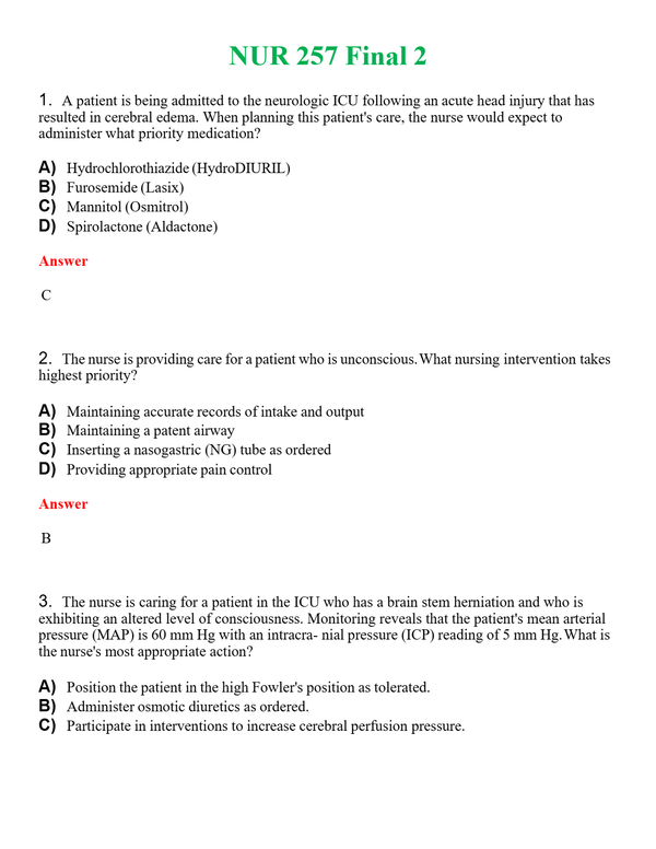 NUR 257 FINAL 2 | COMPLETE QUESTIONS & ANSWERS (SOLVED) 100% CORRECT