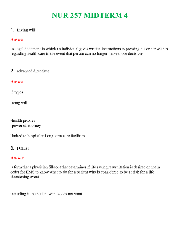NUR 257 MIDTERM 4 | COMPLETE ANSWERS 100% CORRECT