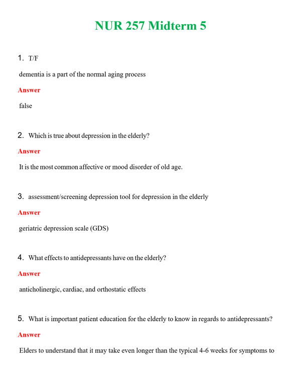 NUR 257 MIDTERM 5 | COMPLETE QUESTIONS & ANSWERS (SOLVED) 100% CORRECT