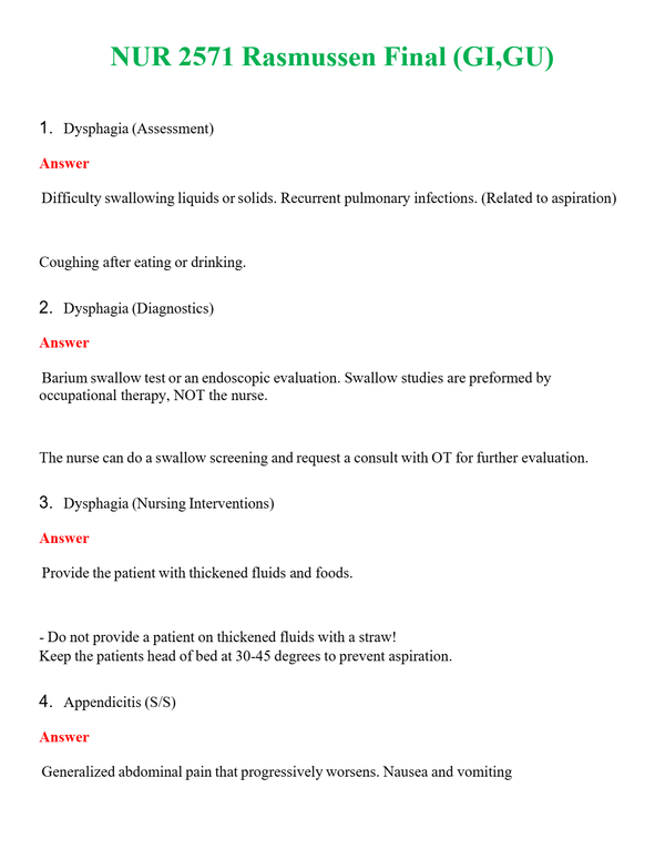 NUR 2571 RASMUSSEN FINAL (GI,GU) | COMPLETE ANSWERS 100% CORRECT