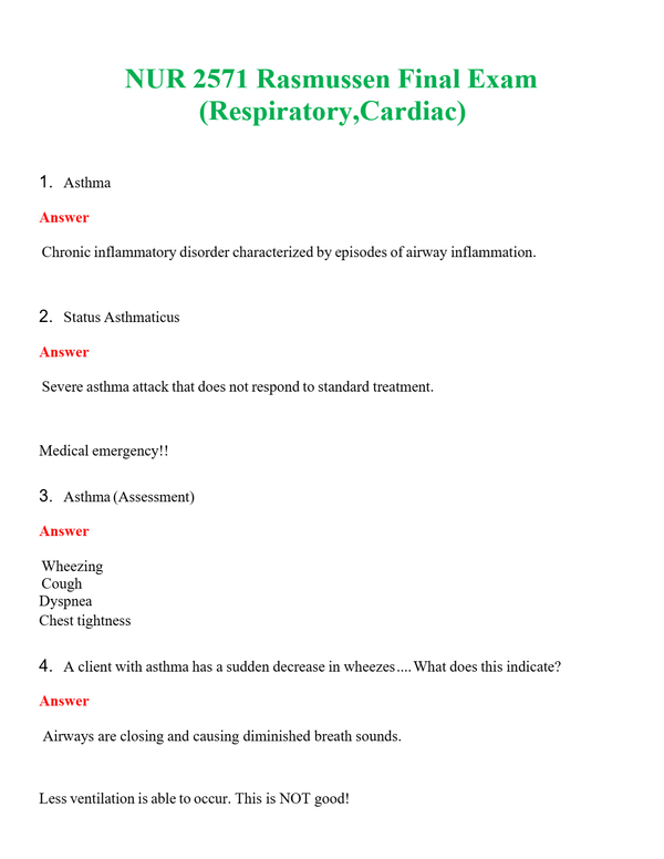 NUR 2571 RASMUSSEN FINAL EXAM (RESPIRATORY,CARDIAC) | GRADED A+ QUESTIONS & ANSWERS