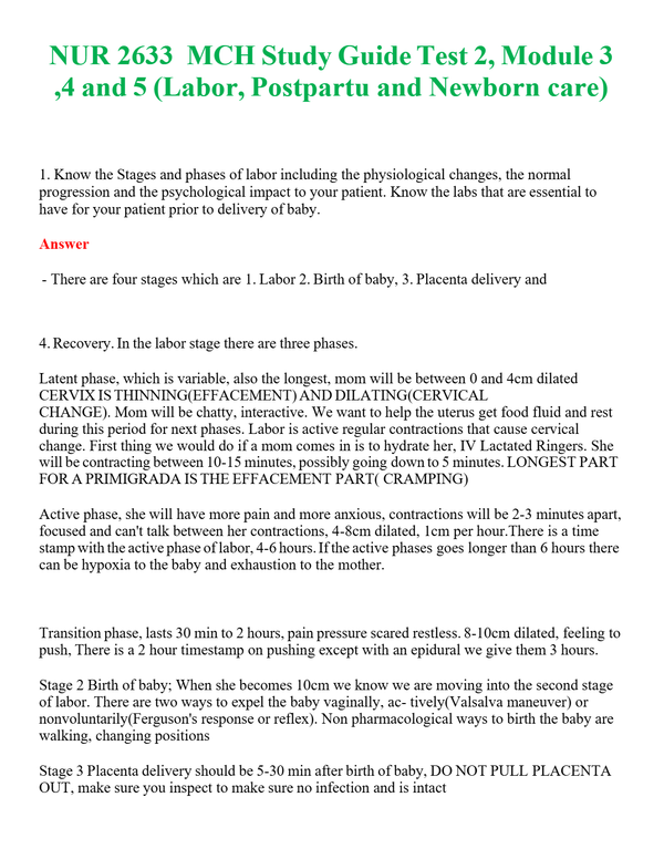 NUR 2633 MCH STUDY GUIDE TEST 2, MODULE 3 ,4 AND 5 (LABOR, POSTPARTUM AND NEWBORN CARE) | COMPLETE ANSWERS 100% CORRECT