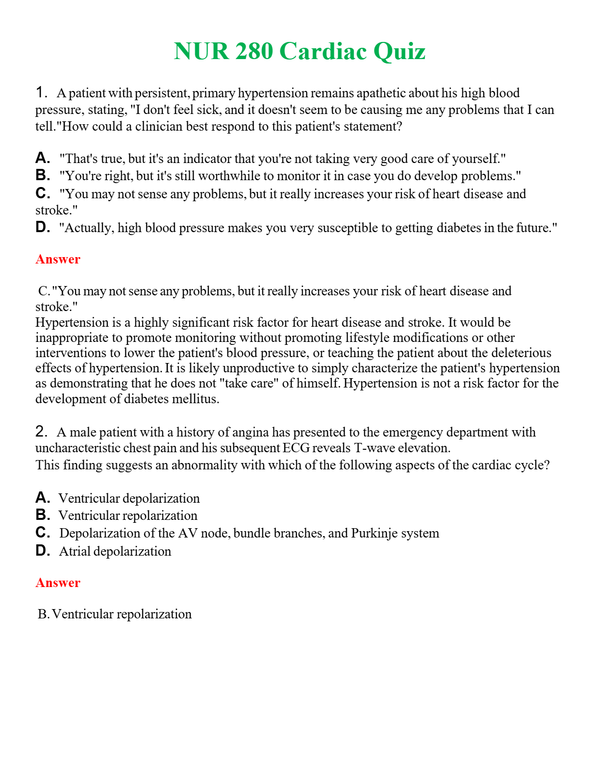 NUR 280 CARDIAC QUIZ | A+ RATED GUIDE | QUESTIONS AND ANSWERS (SOLVED)
