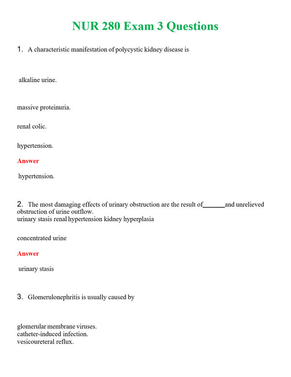 NUR 280 EXAM 3 QUESTIONS | A+ RATED GUIDE | QUESTIONS AND ANSWERS (SOLVED)