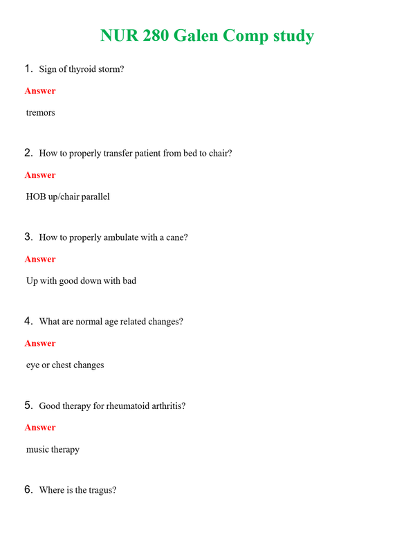 NUR 280 GALEN COMP STUDY | GRADED A+ QUESTIONS AND ANSWERS (SOLVED)