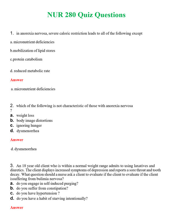 NUR 280 QUIZ QUESTIONS | NEW FULL QUESTIONS AND ANSWERS 100% CORRECT