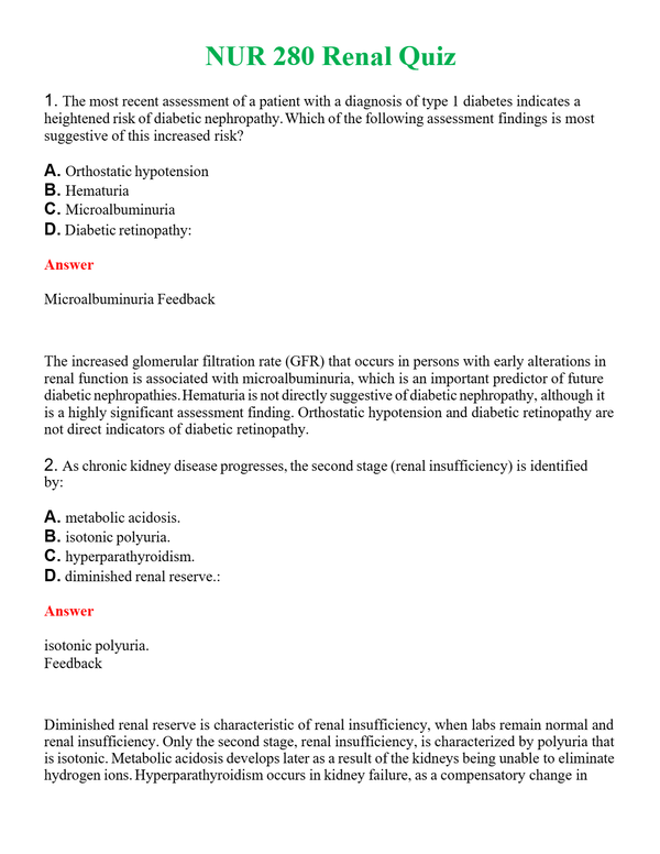 NUR 280 RENAL QUIZ | COMPLETE ANSWERS 100% CORRECT