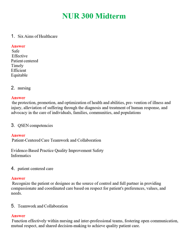 NUR 300 MIDTERM | GRADED A+ QUESTIONS AND ANSWERS (SOLVED)