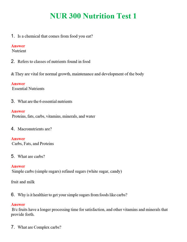 NUR 300 NUTRITION TEST 1 | WITH 100% VERIFIED ANSWERS