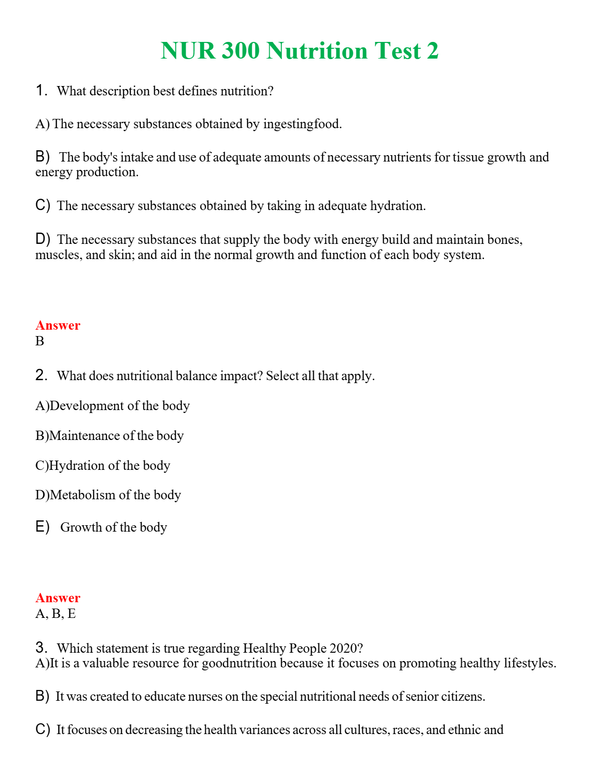NUR 300 NUTRITION TEST 2 | QUESTIONS & ANSWERS (SOLVED)