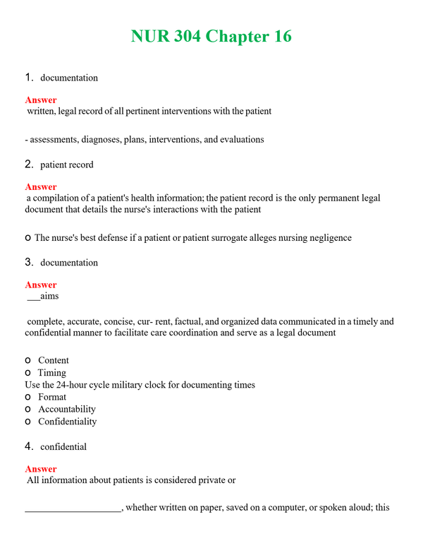 NUR 304 CHAPTER 16 | COMPLETE QUESTIONS & ANSWERS (SOLVED) 100% CORRECT