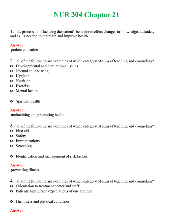 NUR 304 CHAPTER 21 | QUESTIONS AND ANSWERS INCLUDED