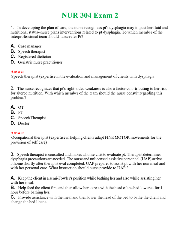 NUR 304 EXAM 2 | NEW FULL QUESTIONS AND ANSWERS 100% CORRECT