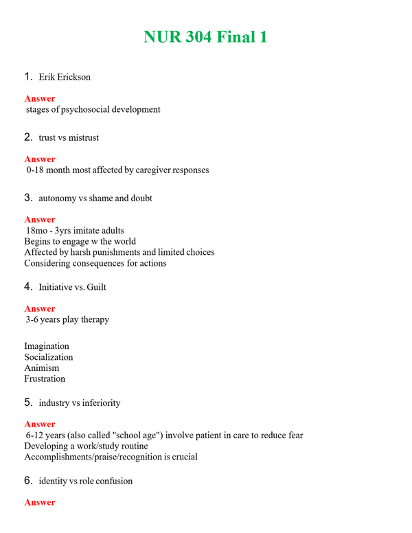 NUR 304 FINAL 1 | QUESTIONS & ANSWERS (SOLVED)