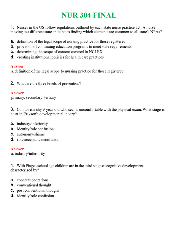 NUR 304 FINAL 2 | (ACTUAL EXAM ) QUESTIONS AND ANSWERS (SOLVED)