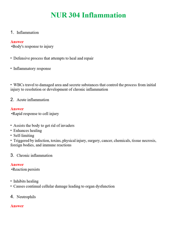 NUR 304 INFLAMMATION | A SOLVED 100% CORRECT
