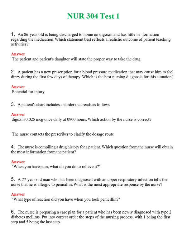 NUR 304 TEST 1 | NEW FULL QUESTIONS AND ANSWERS 100% CORRECT