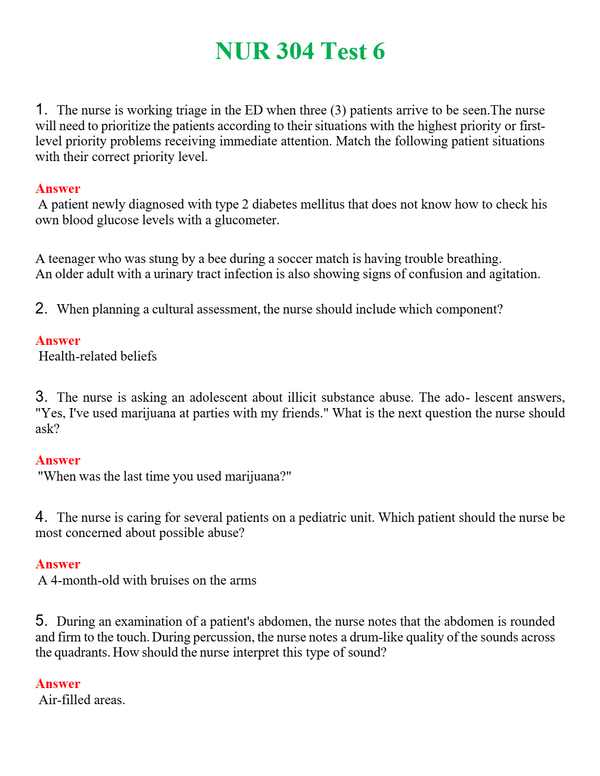 NUR 304 TEST 6 | COMPLETE QUESTIONS & ANSWERS (SOLVED) 100% CORRECT