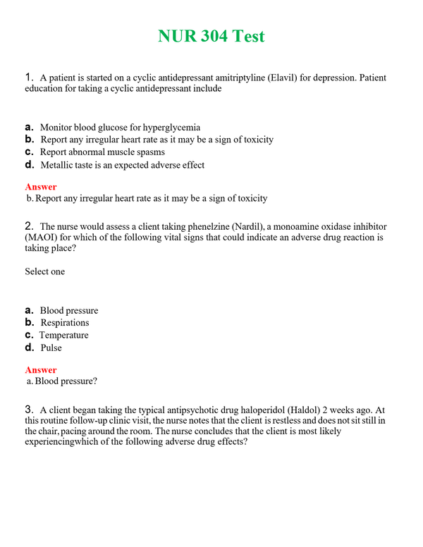 NUR 304 TEST | COMPLETE QUESTIONS & ANSWERS (SOLVED) 100% CORRECT