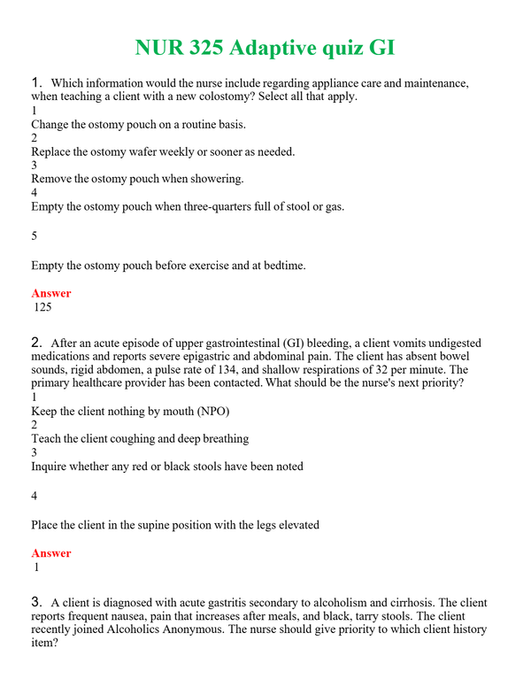 NUR 325 ADAPTIVE QUIZ GI | COMPLETE ANSWERS 100% CORRECT