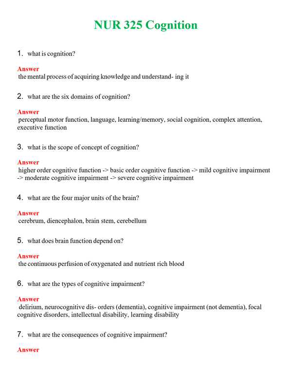 NUR 325 COGNITION | QUESTIONS AND ANSWERS INCLUDED