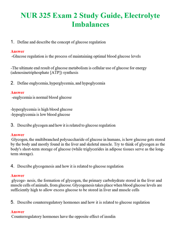 NUR 325 EXAM 2 STUDY GUIDE, ELECTROLYTE IMBALANCES | COMPLETE ANSWERS 100% CORRECT