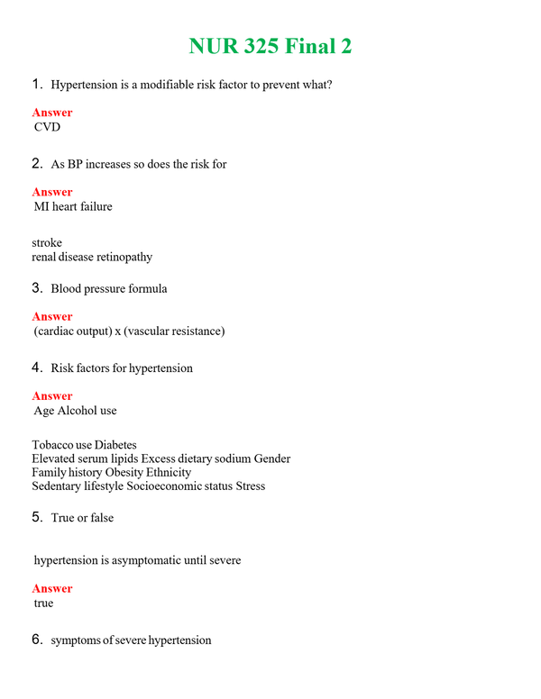 NUR 325 FINAL 2 | QUESTIONS & ANSWERS (SOLVED)