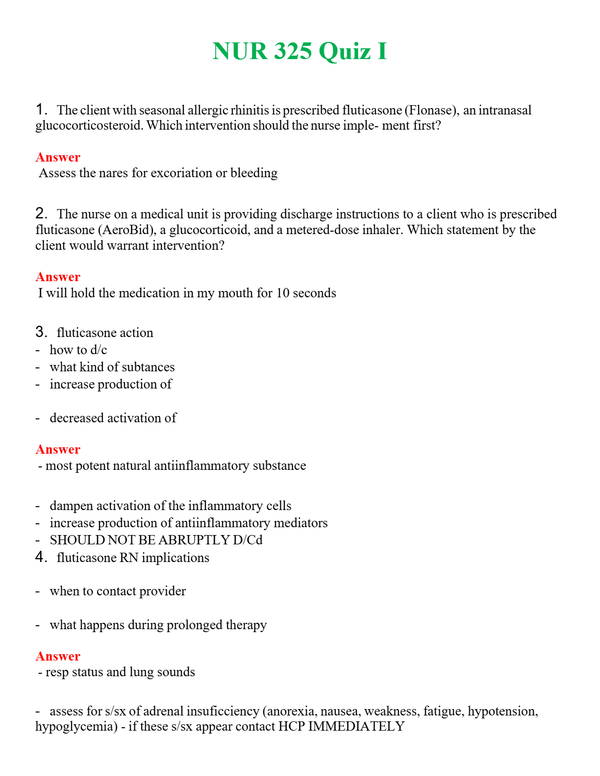 NUR 325 QUIZ I | LATEST QUESTIONS WITH COMPLETE GRADE A++ ANSWERS