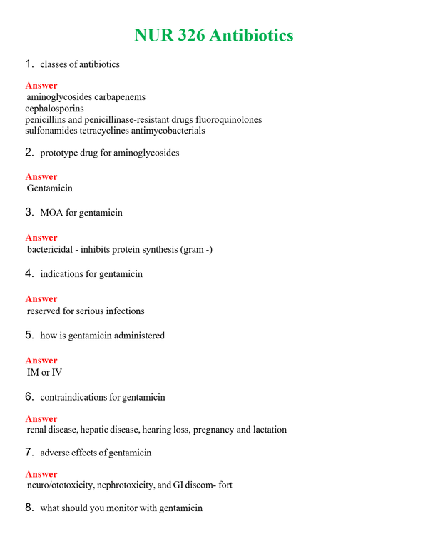 NUR 326 ANTIBIOTICS | GRADED A+ QUESTIONS & ANSWERS