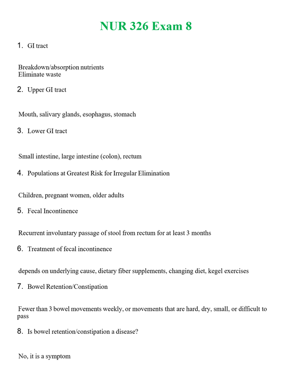 NUR 326 EXAM 8 | QUESTIONS & ANSWERS (SOLVED)