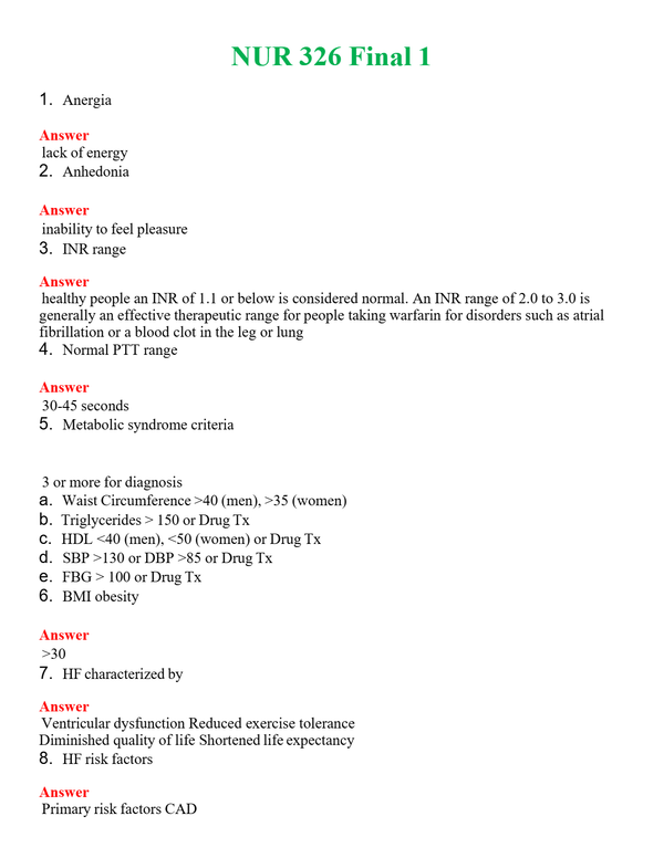 NUR 326 FINAL 1 | QUESTIONS AND ANSWERS INCLUDED