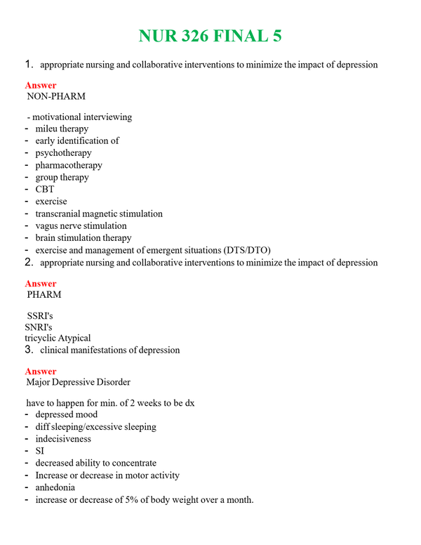 NUR 326 FINAL 5 | COMPLETE ANSWERS 100% CORRECT