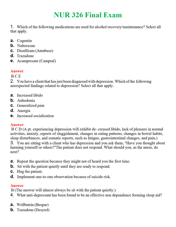 NUR 326 FINAL EXAM | NEW FULL QUESTIONS AND ANSWERS 100% CORRECT