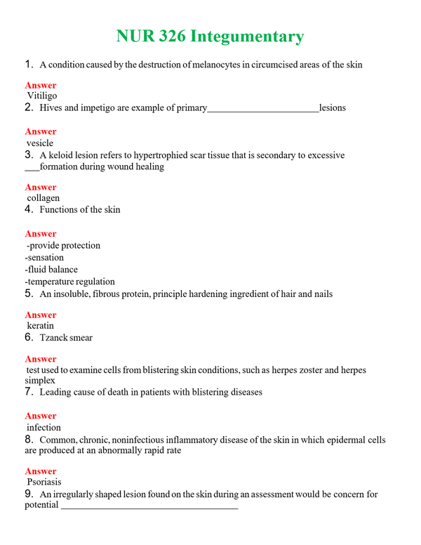 NUR 326 INTEGUMENTARY | QUESTIONS AND ANSWERS INCLUDED