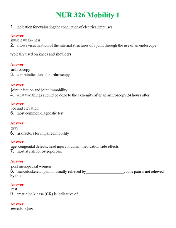 NUR 326 MOBILITY 1 | COMPLETE ANSWERS 100% CORRECT