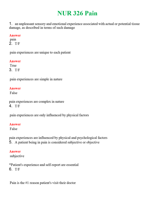 NUR 326 PAIN | COMPLETE ANSWERS 100% CORRECT