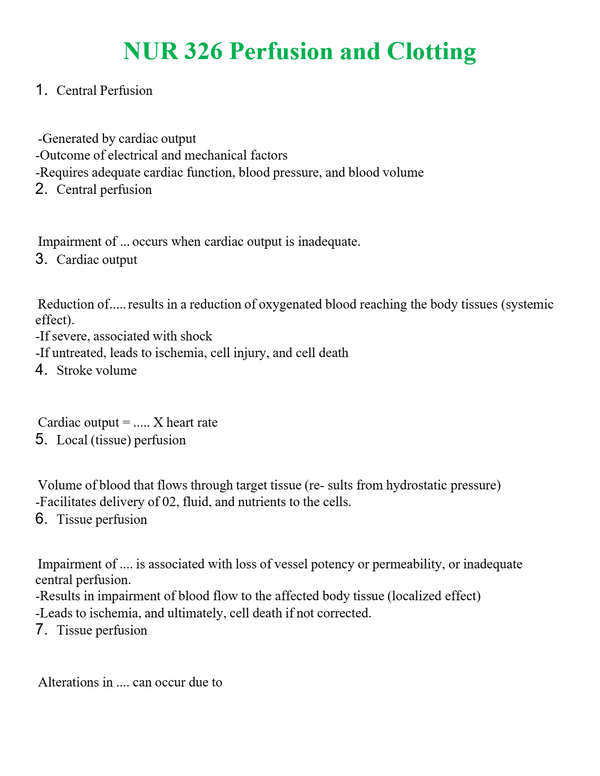 NUR 326 PERFUSION AND CLOTTING | GRADED A+ QUESTIONS & ANSWERS