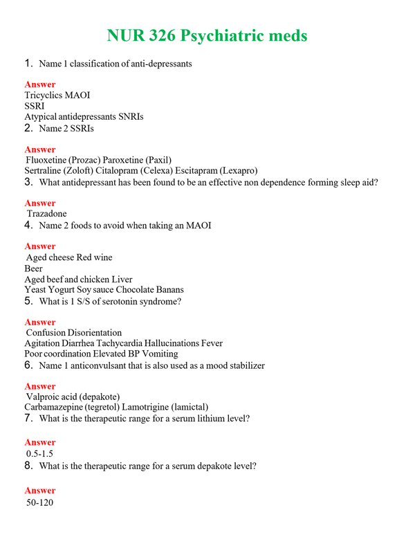 NUR 326 PSYCHIATRIC MEDS | A SOLVED 100% CORRECT